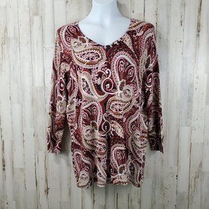 Dressbarn Womens Sweater XL Red Tan Paisley V Neck 3/4 Sleeve Rayon Blend Q9
